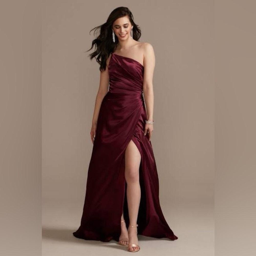 David’s Bridal Charmeuse Draped One-Shoulder Dress (Wine)